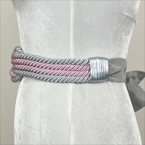 Vintage 80s 90s Knotted Rope Belt With Ribbon Tie Back Pink Gray - Picture 3 of 4